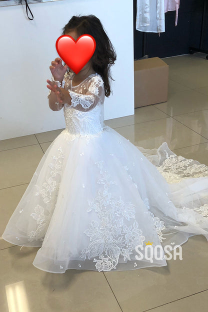 A-line Scoop Lace Appliques Long Sleeves Cute Flower Girl Dress First Communion Dress QF1028