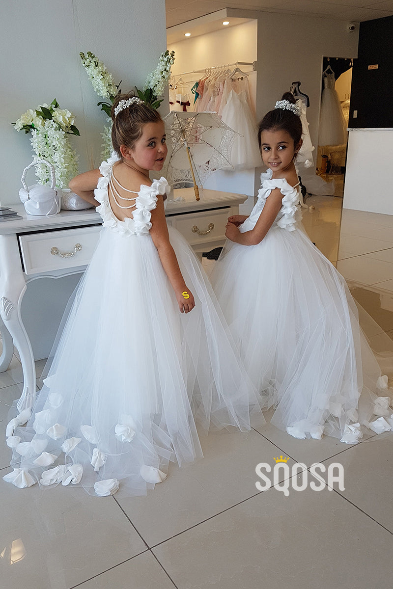 A-line Scoop 3D Flower Ivory Flower Girl Dress First Communion Dress QF1029