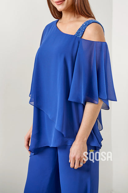 Stylish Jade Chiffon 2-Piece Ensemble with Asymmetrical One Shoulder Caplet Effect Tunic Top and Hand Beaded Strap QM3103