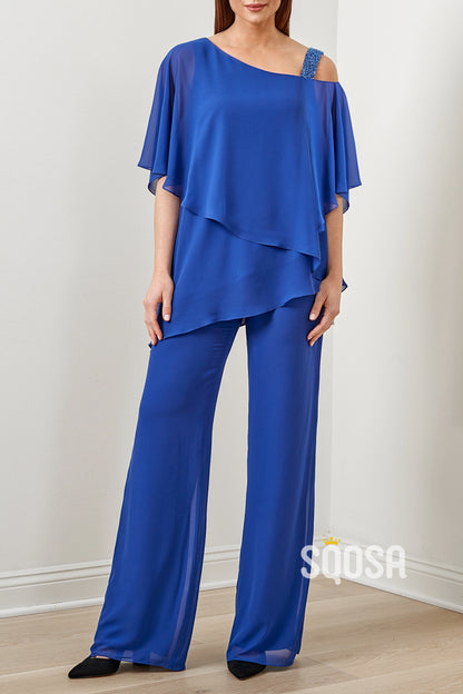 Stylish Jade Chiffon 2-Piece Ensemble with Asymmetrical One Shoulder Caplet Effect Tunic Top and Hand Beaded Strap QM3103