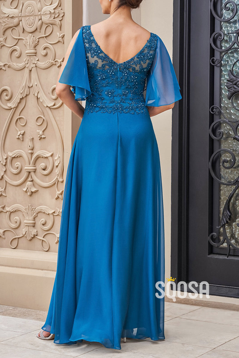 Delightful Jade Tiffany Chiffon A-line Gown with V-neckline and Elbow Length Flutter Sleeves QM3108