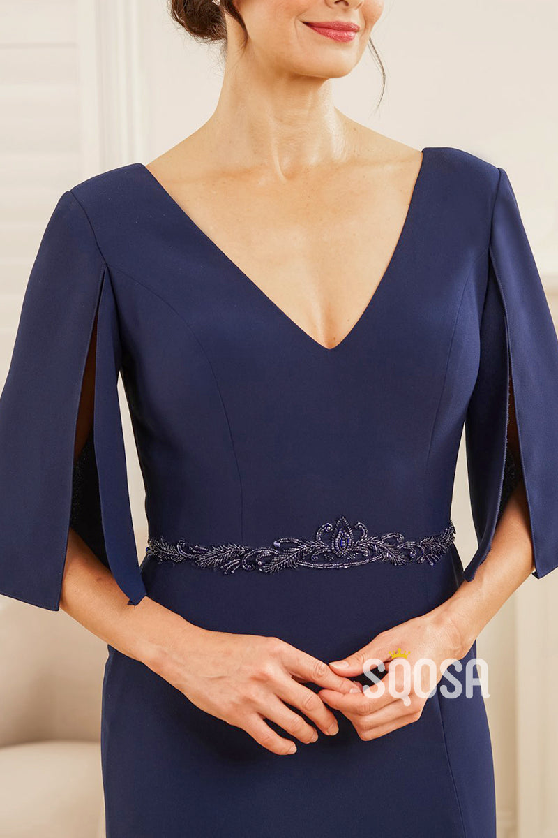 Elegant Stretch Soft Crepe Fit & Flare Dress with V-Neckline and Front Split Set-In Sleeves QM3112