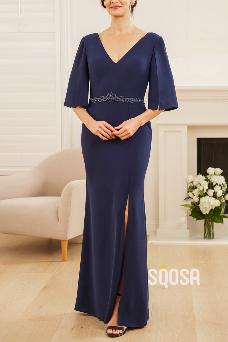 Elegant Stretch Soft Crepe Fit & Flare Dress with V-Neckline and Front Split Set-In Sleeves QM3112