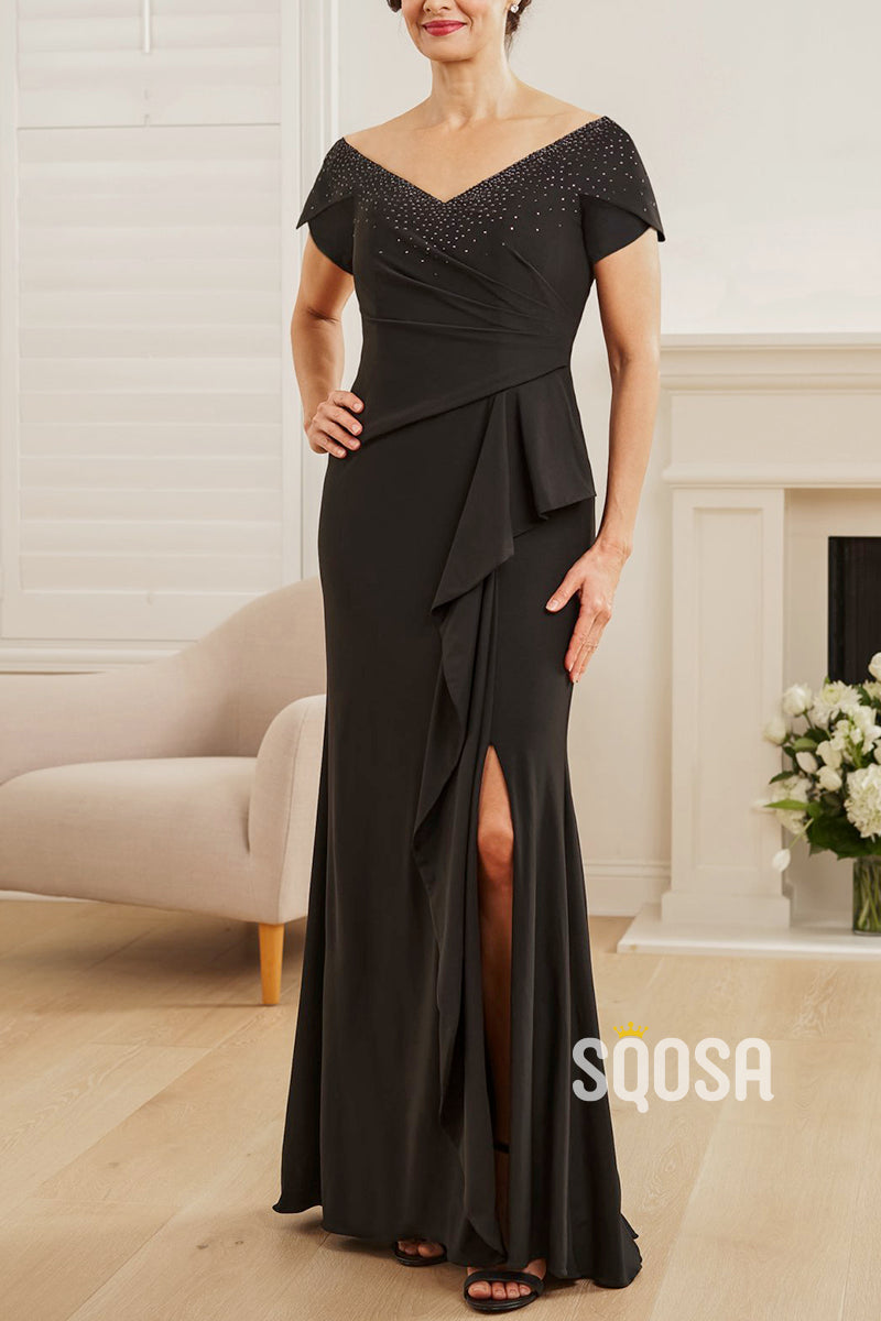 Beautiful Matte Jersey Fit & Flare Dress with Portrait Neckline and Asymmetrical Waistline with Ruffles QM3114