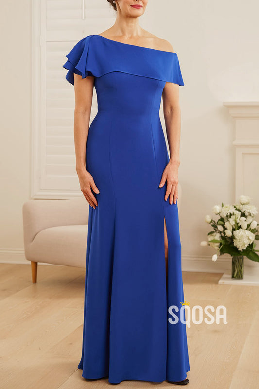 Gorgeous Stretch Soft Crepe Princess Seam Fit & Flare Gown with One Shoulder Flounce Neckline and Ruffle Effect QM3115