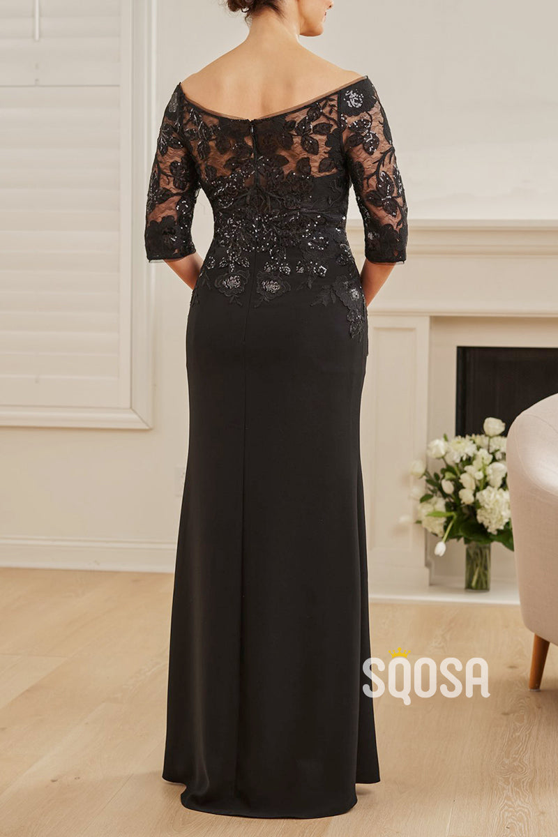 Magnificent Stretch Soft Crepe and Adeline Sequin Lace Fit & Flare Gown with Portrait Neckline and Sequined Elbow Length Sleeves QM3117
