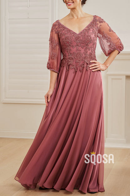 Charming Jade Tiffany Chiffon and Netting Embroidery Lace A-line Dress with V-Neckline and three-quarters Bishop Sleeves QM3118