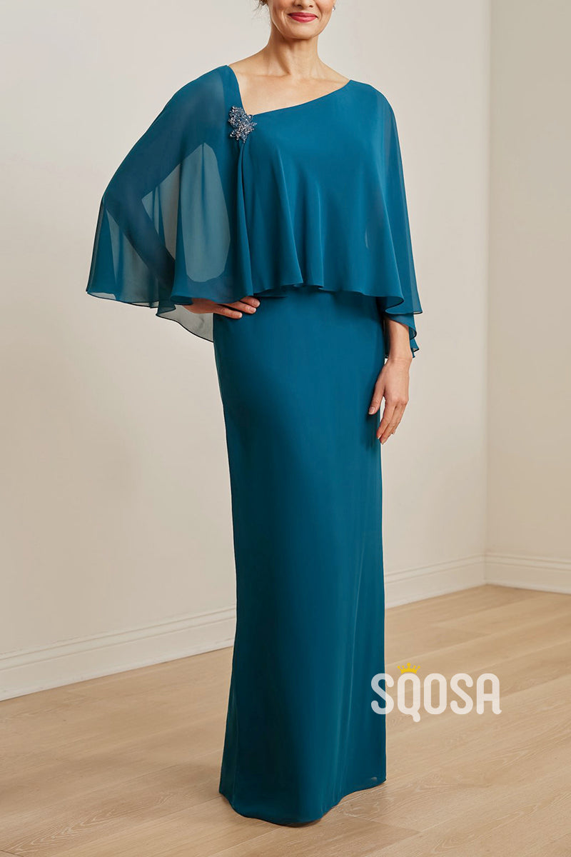 Classic Jade Chiffon Sheath Dress with Asymmetrical Neckline and Cape with Hand Beaded Appliqué at the Shoulder QM3119