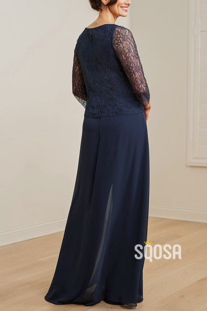 Devine Jade Chiffon and Raschel Lace Two-Piece Ensemble with three-quarters Sleeves and Pants with Overskirt QM3120