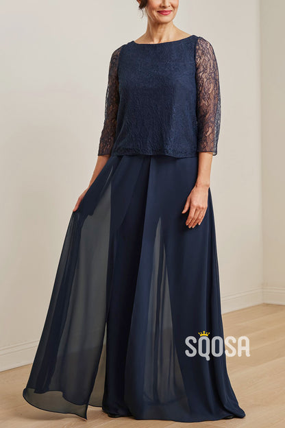 Devine Jade Chiffon and Raschel Lace Two-Piece Ensemble with three-quarters Sleeves and Pants with Overskirt QM3120