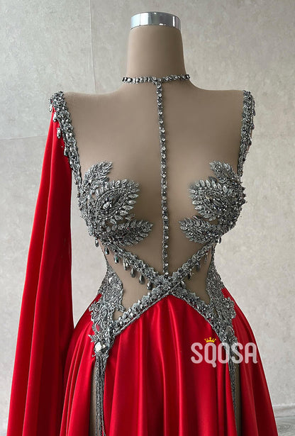 Illusion Neckline Luxury Jewels Red Long Formal Evening Dress QP2093