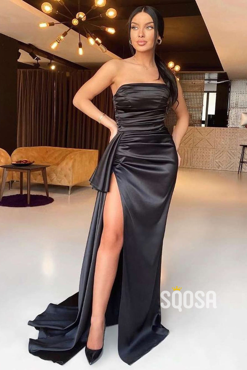 Strapless Strapless Pleats Black Simple Formal Evening Dress with Slit QP2514