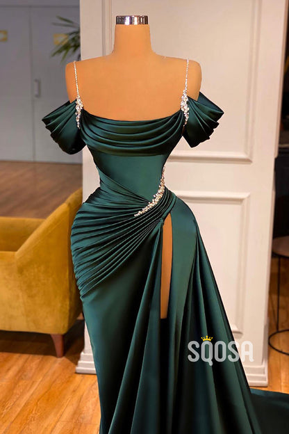 Spaghetti Straps Pleast Beads Side Slit Long Formal Evening Dress QP2524