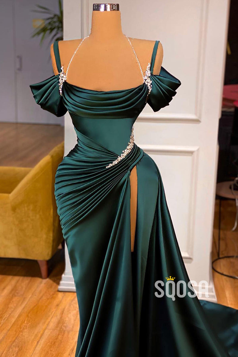 Spaghetti Straps Beads A-line Long Formal Evening Dress with Slit QP2526