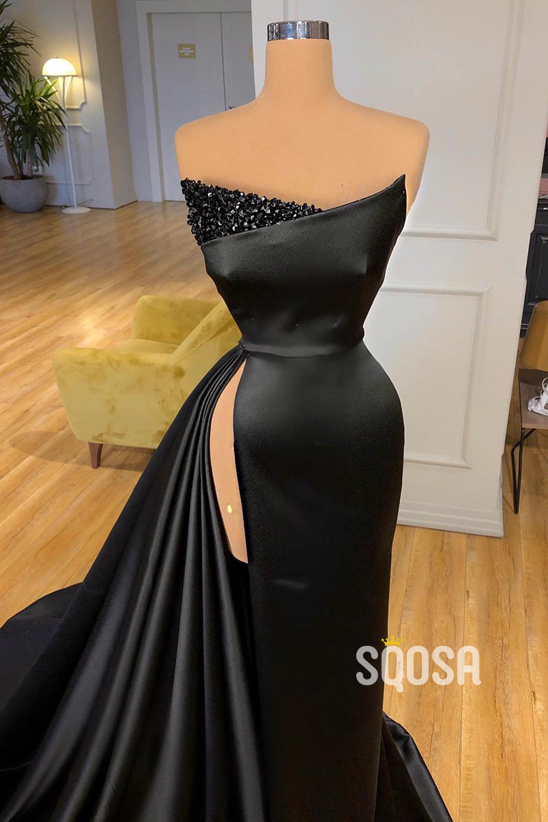 Sexy V-Neck Beads Side Slit Black Formal Evening Dress QP2543