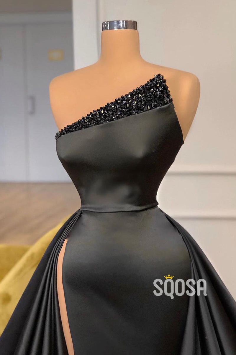 A-Line Strapless Beads High Split Black Formal Evening Dress QP2556