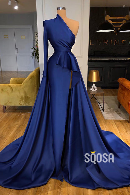 A-line Chic One Shoulder Long Sleeves Formal Evening Dress with Slit QP2566