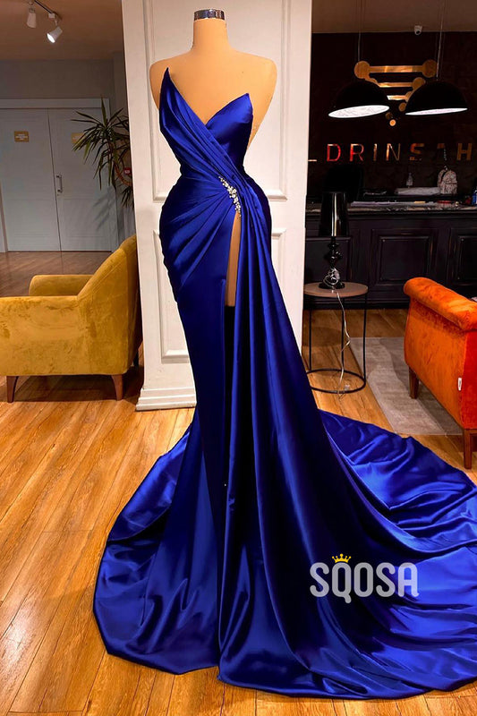 Sexy V-Neck Pleats High Split Long Formal Dress Prom Gown QP2577