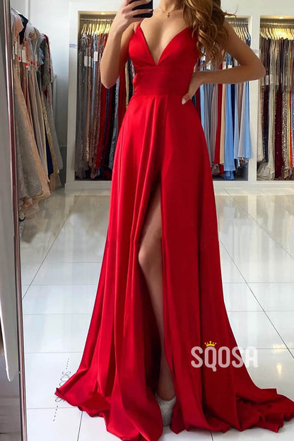 A-line Deep V-neck High Split Red Long Formal Dress QP2604|SQOSA