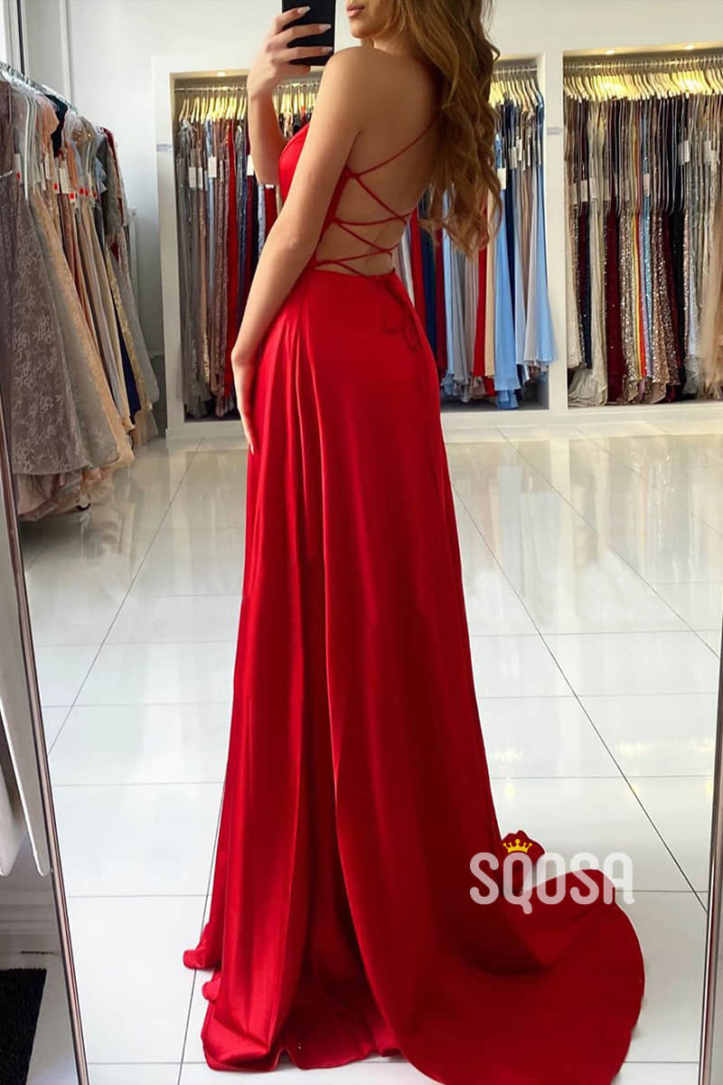 A-line Deep V-neck High Split Red Long Formal Dress QP2604|SQOSA