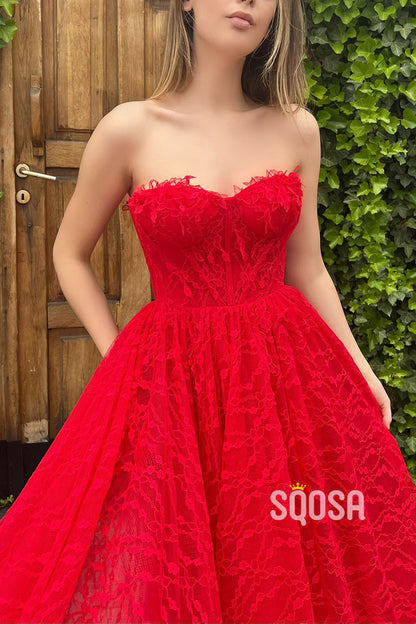 A-line Spaghetti Straps Side Slit Red Lace Formal Evening Dress QP2611