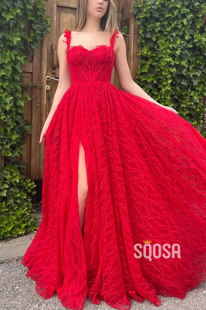 A-line Spaghetti Straps Side Slit Red Lace Formal Evening Dress QP2611