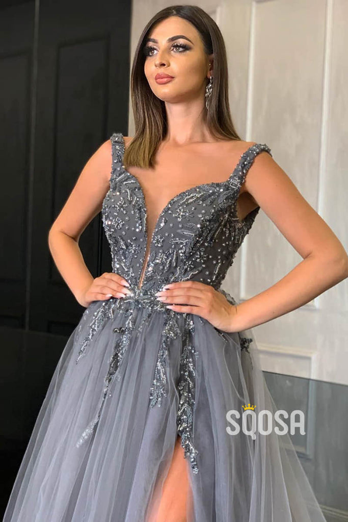 A-line V-neck Tulle Beaded Long Formal Dress with Split QP2616|SQOSA