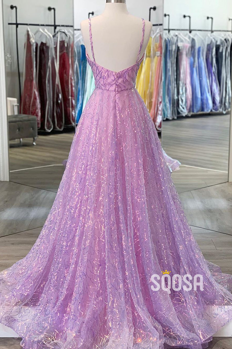 Purple Sequins Lace V-neck A-line Prom Dress Glitter QP2718|SQOSA