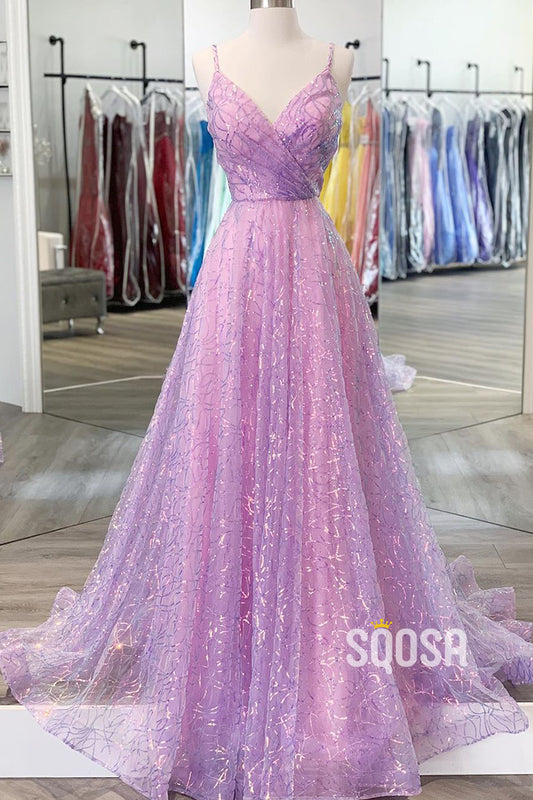 Purple Sequins Lace V-neck A-line Prom Dress Glitter QP2718|SQOSA