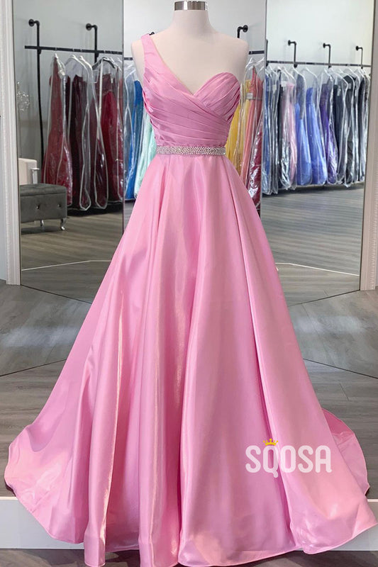 Pink Satin Pleats One Shoulder A-line Senior Prom Dress QP2719|SQOSA