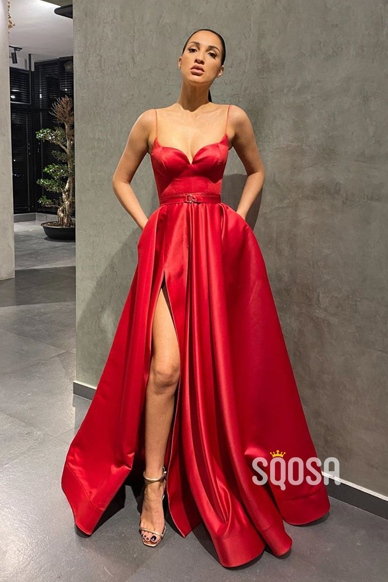 Spaghetti Straps Red Satin Gown Prom Dress with Pockets QP2738|SQOSA