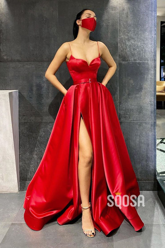 Spaghetti Straps Red Satin Gown Prom Dress with Pockets QP2738|SQOSA