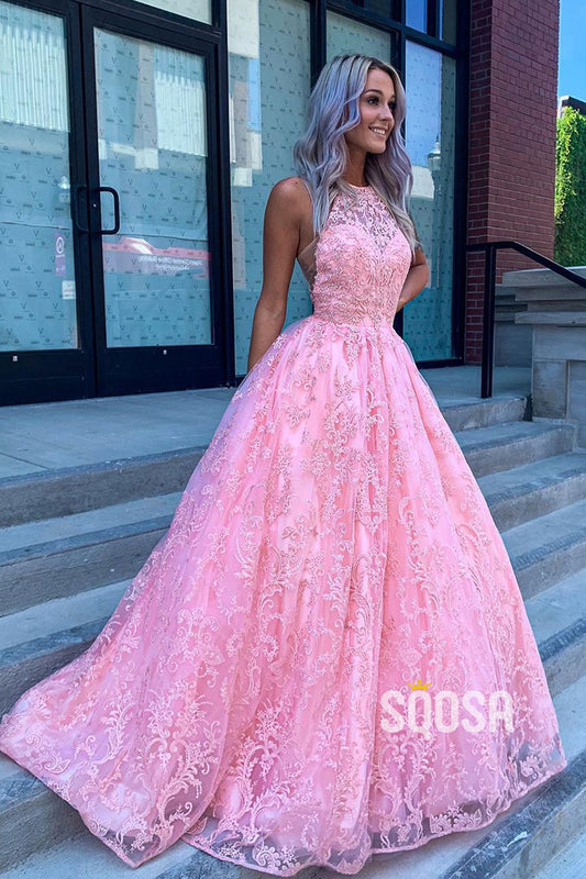 Jewel Pink Lace Gown Senior Prom Dress QP2741|SQOSA