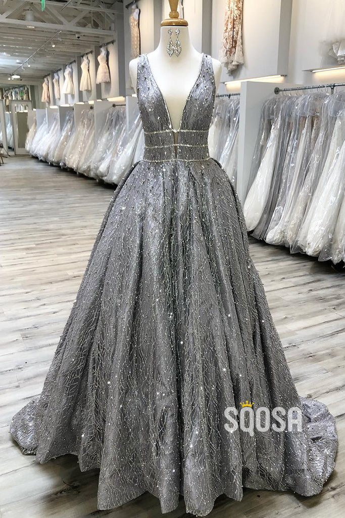 Plunging V-neck Grey Lace Gown Long Prom Dress QP2745|SQOSA