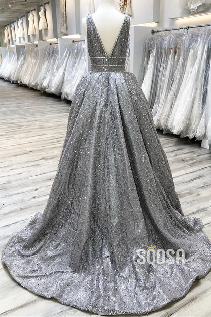 Plunging V-neck Grey Lace Gown Long Prom Dress QP2745|SQOSA