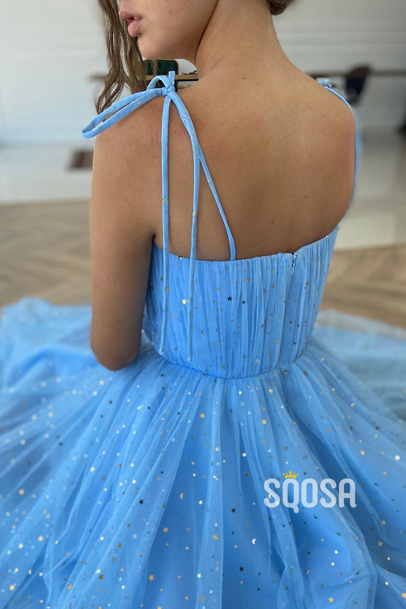 Spaghetti Straps Sequined Tulle Pleated Prom Dress Tea Length QP2750|SQOSA