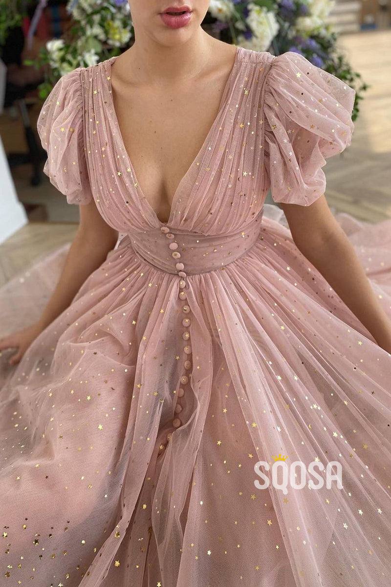Plunging V-neck Pink Sequined Short Sleeves Formal Gown QP2751|SQOSA