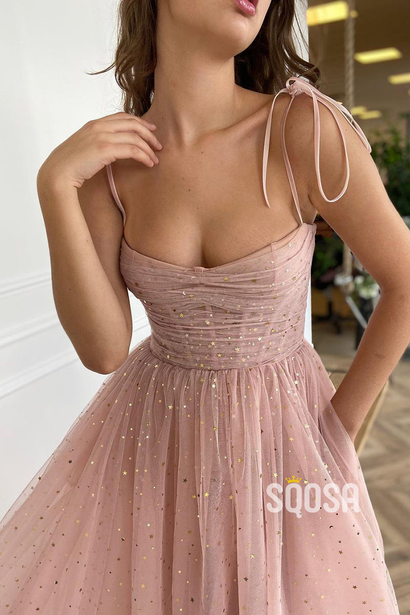 Spaghetti Straps Sweetheart Pink Sequined Formal Dress with Pockets QP2753|SQOSA