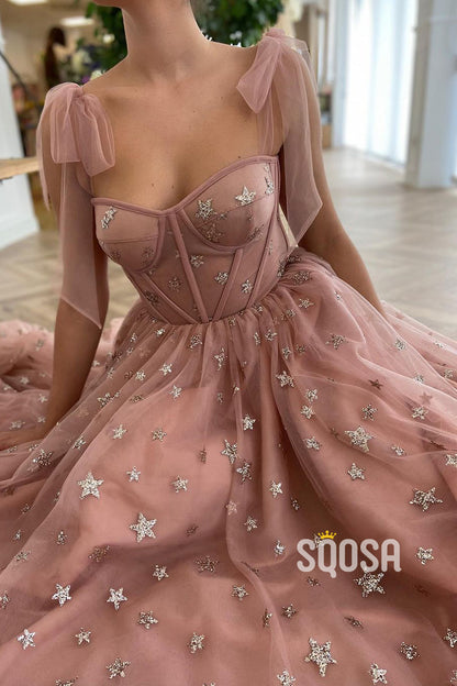 Pink Star Lace Sweetheart Formal Dress Floor Length QP2754|SQOSA