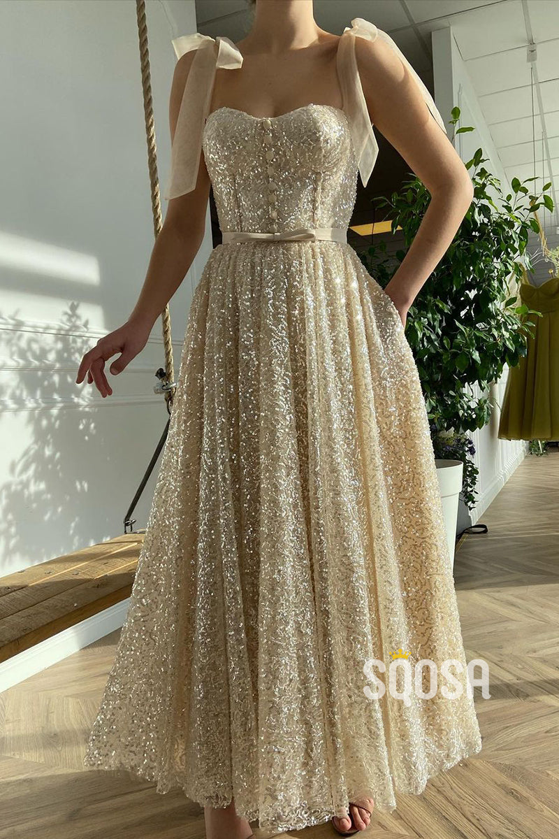 Spaghetti Straps Sweetheart Sequined Prom Dress Glitter QP2757|SQOSA