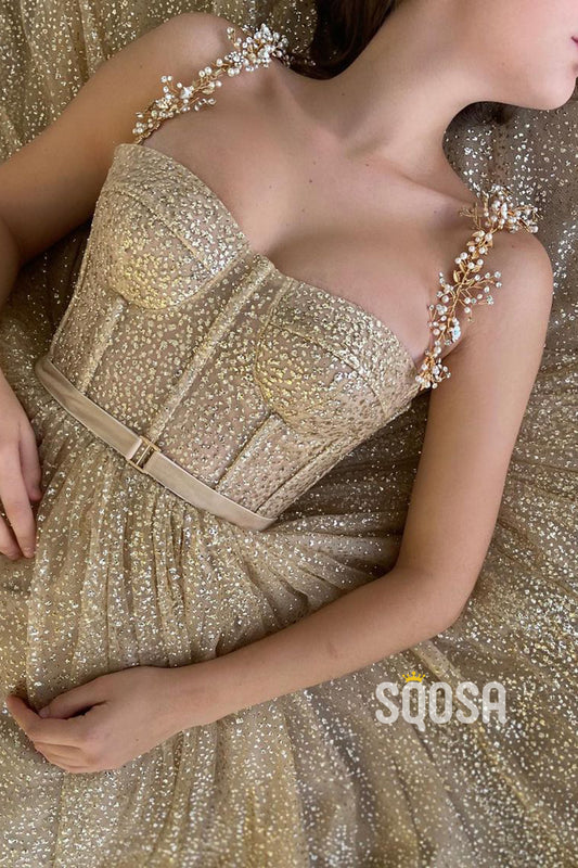 Sweetheart Champagne Sequined Sparkly Prom Dress QP2758|SQOSA
