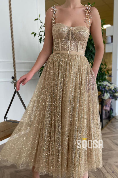 Sweetheart Champagne Sequined Sparkly Prom Dress QP2758