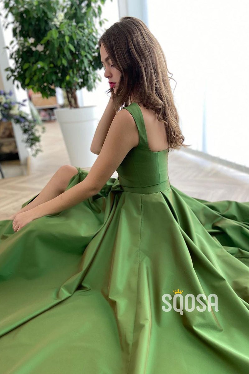 Green Satin Sweetheart High Split Long Prom Dress with Pockets QP2759|SQOSA
