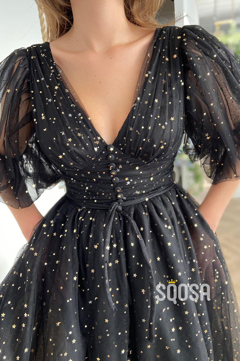 Plunging V-neck Black Star Lace Formal Dress with Pockets QP2760|SQOSA