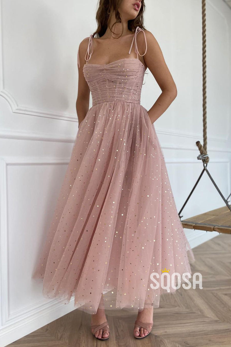Spaghetti Straps Sweetheart Pink Tulle Pleated Prom Dress QP2761|SQOSA