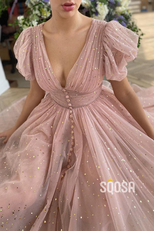 Plunging V-neck Short Sleeves Pink Prom Dress with Slit QP2762|SQOSA