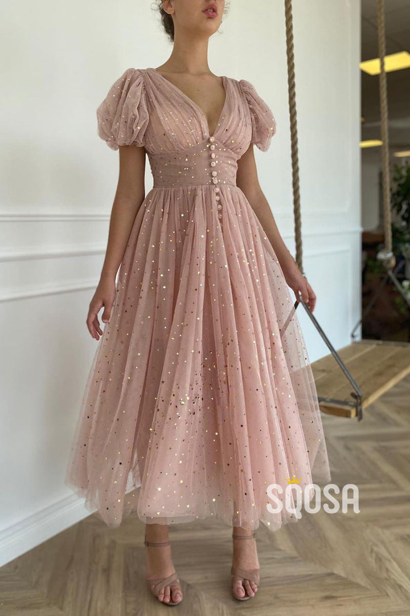 Plunging V-neck Short Sleeves Pink Prom Dress with Slit QP2762|SQOSA