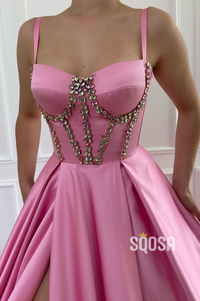 Pink Satin Beaded Sweetheart Hig Split Prom Dress with Pockets QP2763|SQOSA
