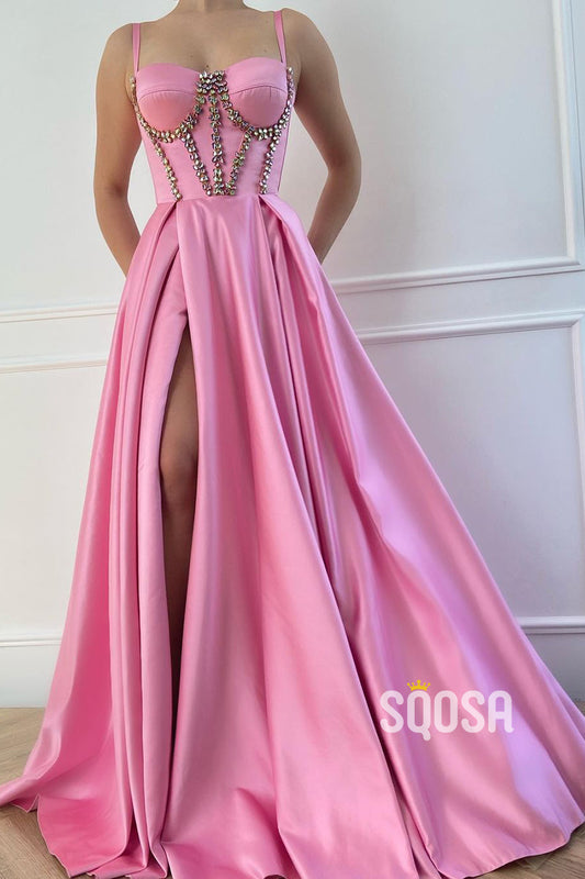 Pink Satin Beaded Sweetheart Hig Split Prom Dress with Pockets QP2763|SQOSA
