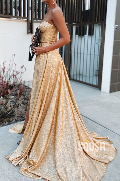 Sweetheart High Split Gold Formal Dress Glitter QP2768|SQOSA